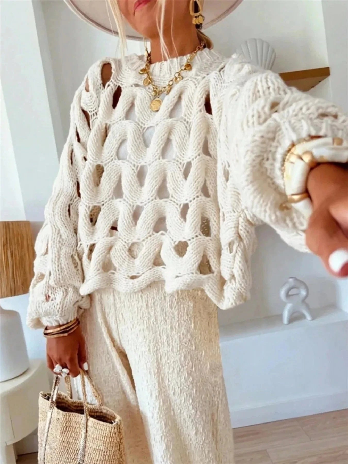 Chunky Cable Knit Hollow Out Sweater Sweaters White / S The Nichole Collection