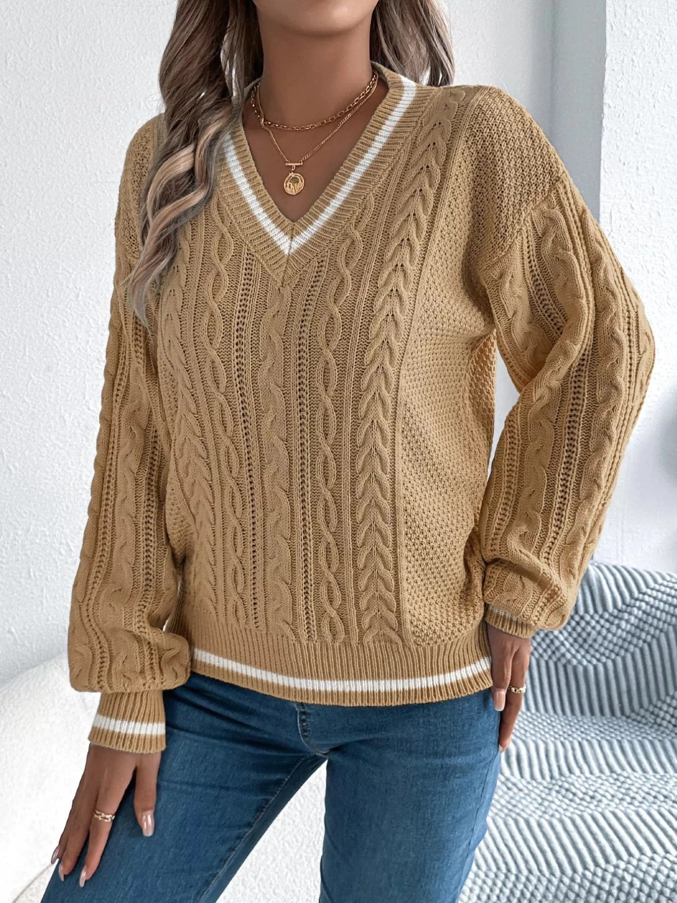 Classic Cable Knit V-Neck Sweater Sweaters The Nichole Collection