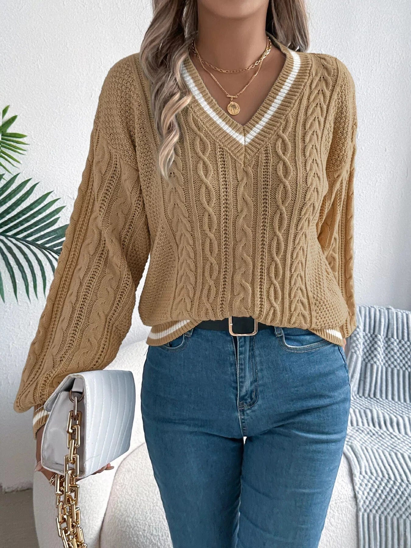 Classic Cable Knit V-Neck Sweater Sweaters The Nichole Collection