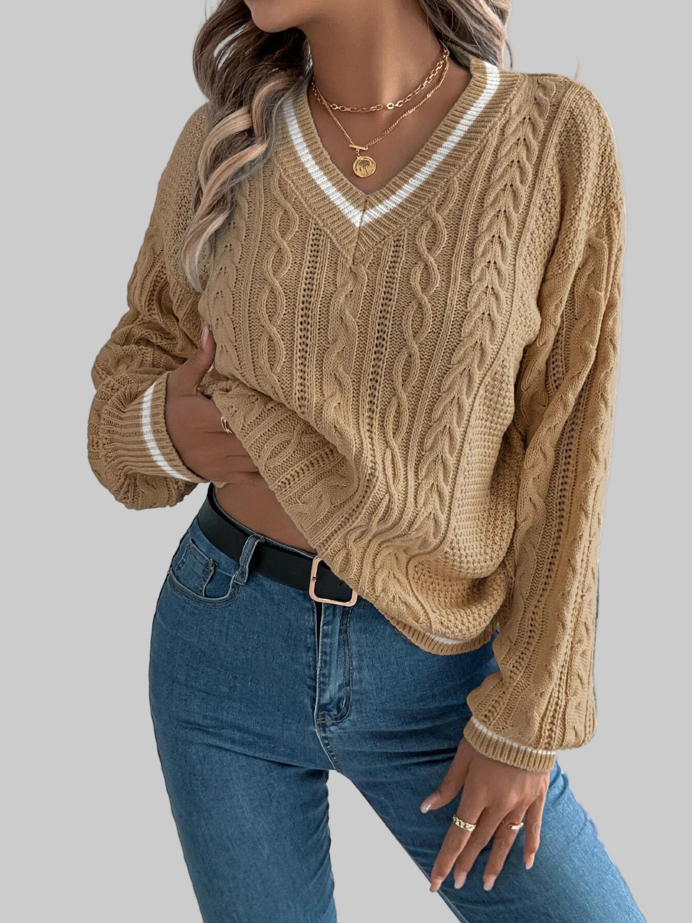 Classic Cable Knit V-Neck Sweater Sweaters Khaki / S The Nichole Collection
