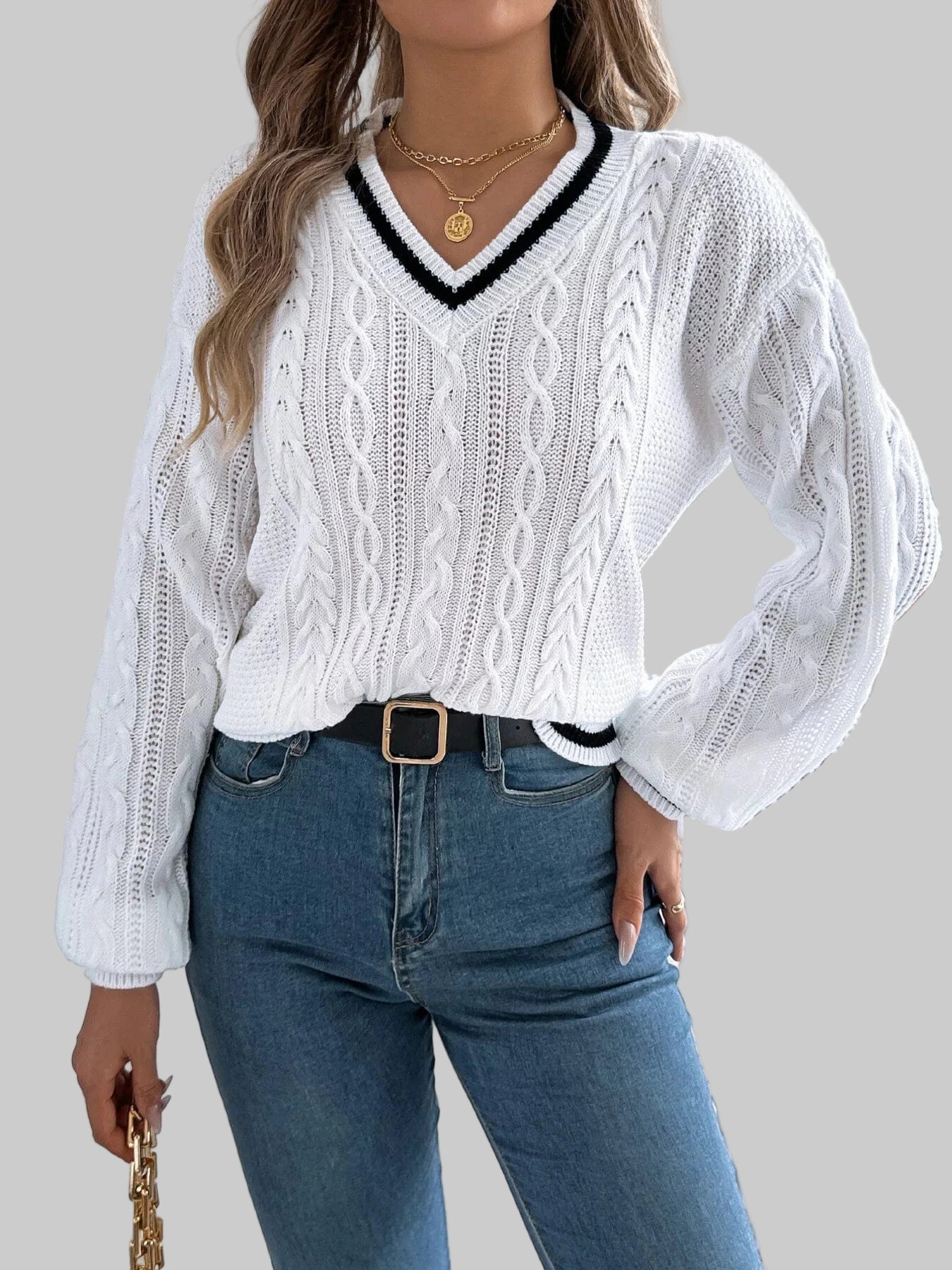 Classic Cable Knit V-Neck Sweater Sweaters White / S The Nichole Collection