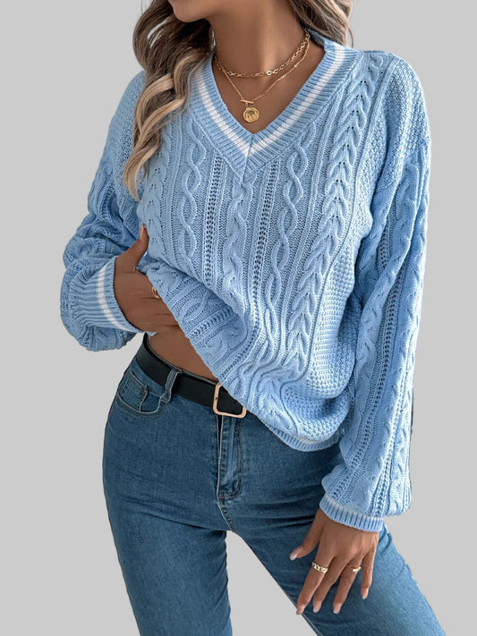 Classic Cable Knit V-Neck Sweater Sweaters Blue / S The Nichole Collection