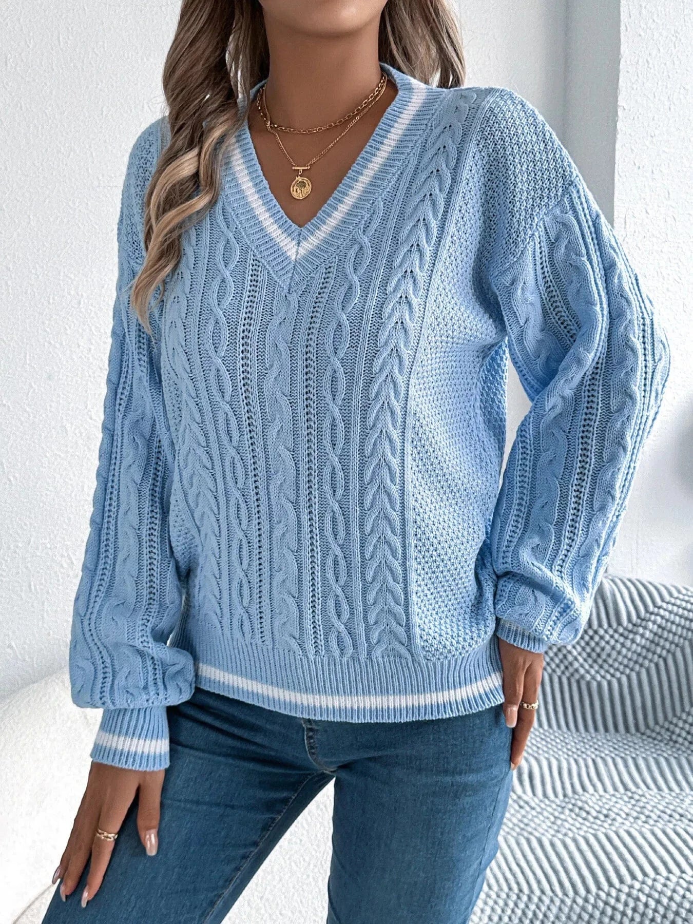 Classic Cable Knit V-Neck Sweater Sweaters The Nichole Collection