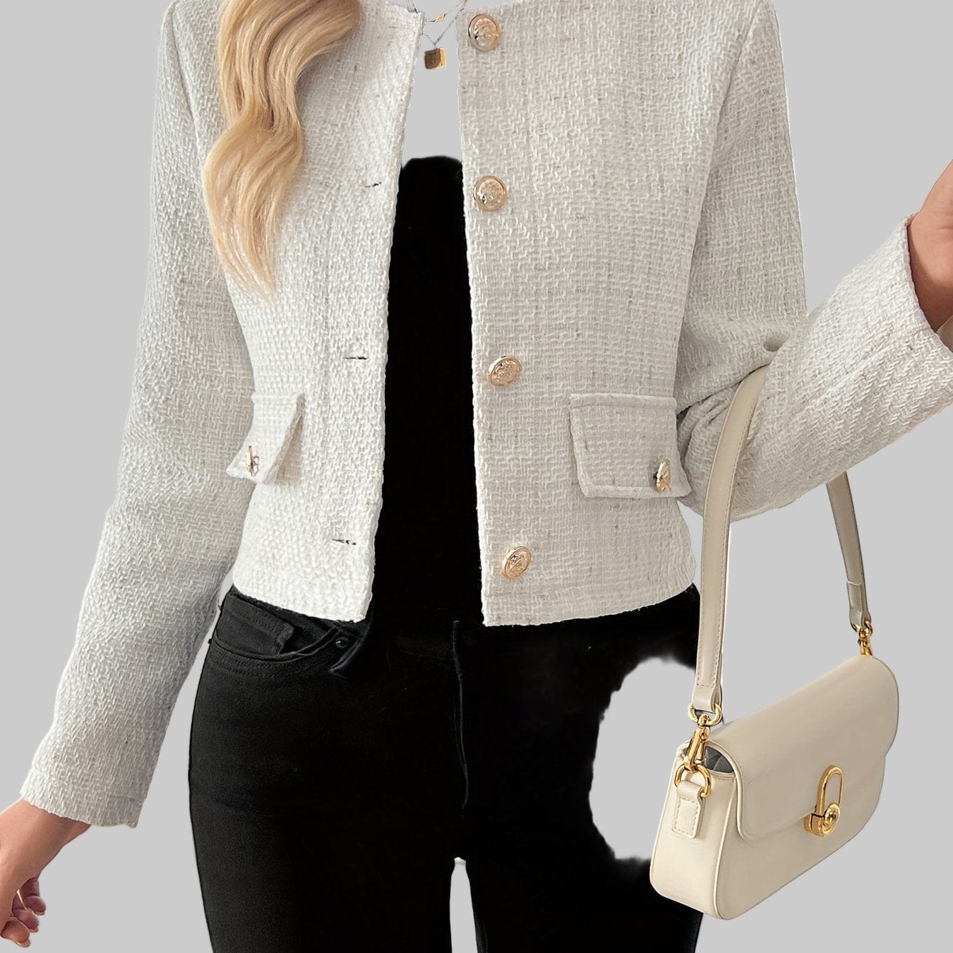 Classic Fall Tweed Plaid Blazer Jacket with Flap Pockets & Gold Buttons Blazers Ivory White / S The Nichole Collection