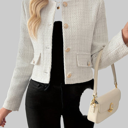 Classic Fall Tweed Plaid Blazer Jacket with Flap Pockets & Gold Buttons Blazers Ivory White / S The Nichole Collection