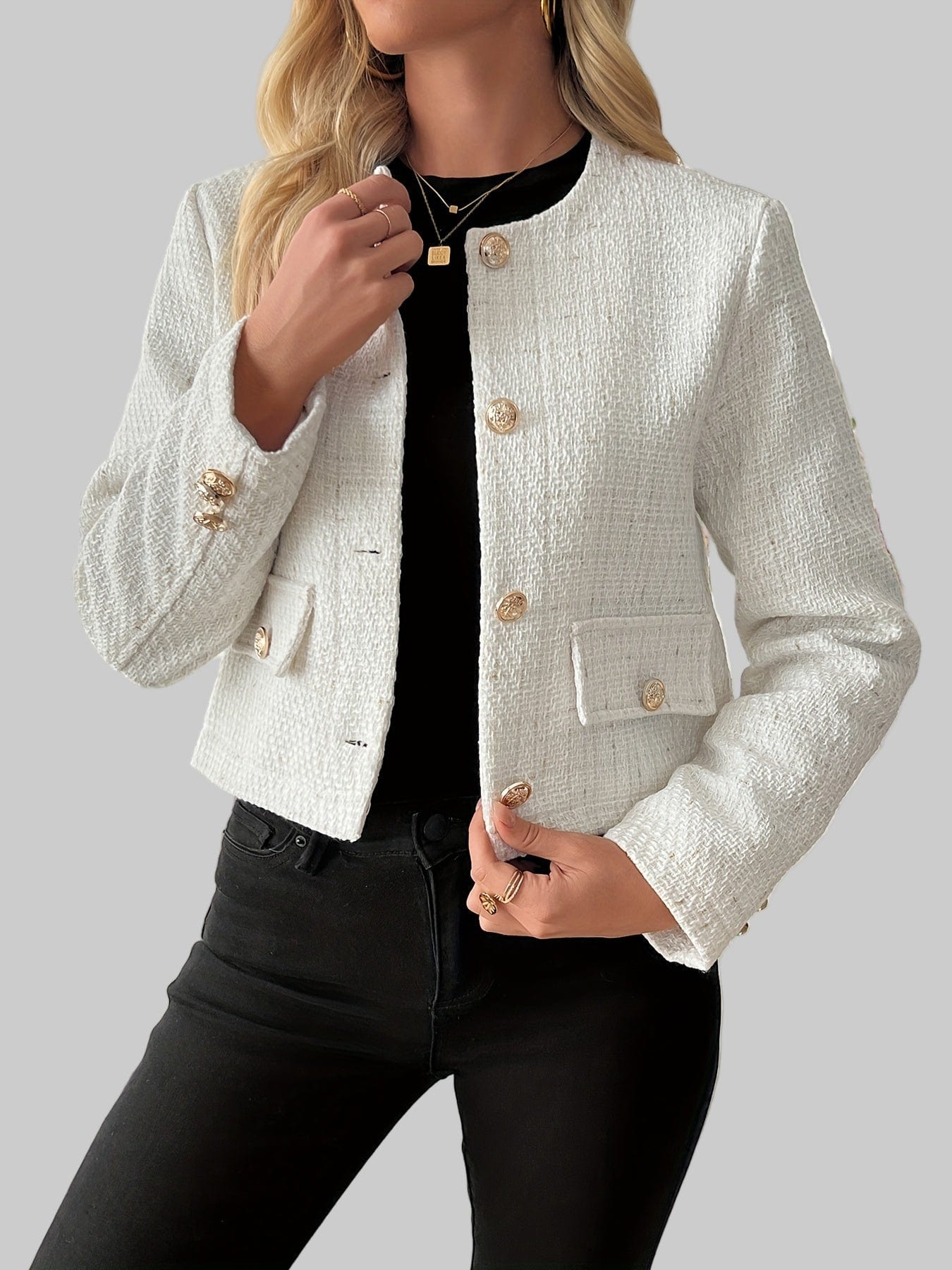 Classic Fall Tweed Plaid Blazer Jacket with Flap Pockets & Gold Buttons Blazers The Nichole Collection