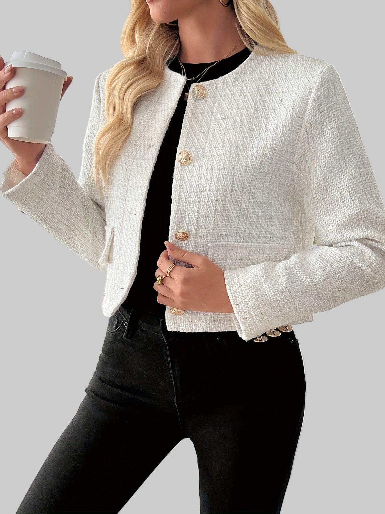 Classic Fall Tweed Plaid Blazer Jacket with Flap Pockets & Gold Buttons Blazers The Nichole Collection