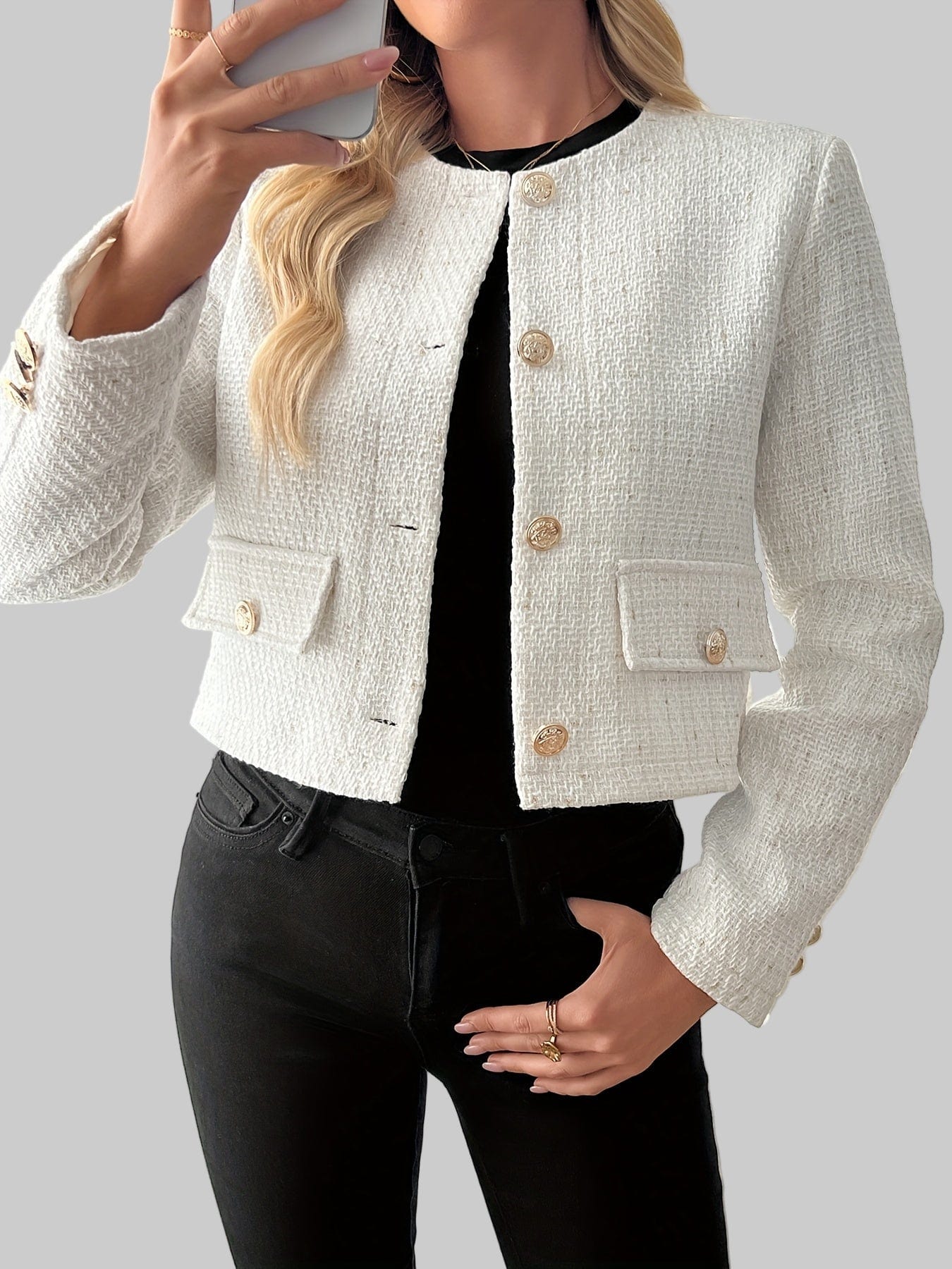 Classic Fall Tweed Plaid Blazer Jacket with Flap Pockets & Gold Buttons Blazers The Nichole Collection