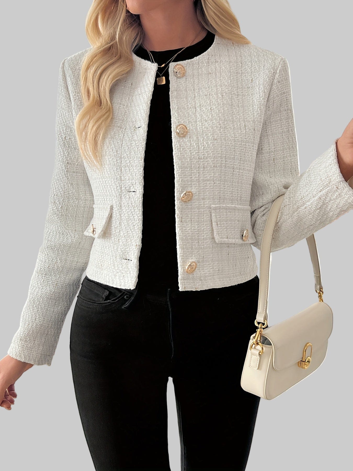 Classic Fall Tweed Plaid Blazer Jacket with Flap Pockets & Gold Buttons Blazers The Nichole Collection