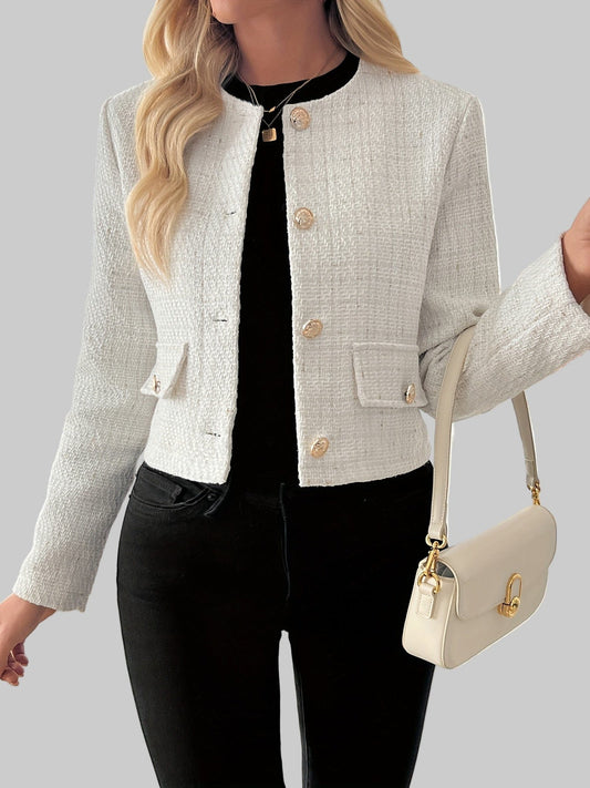 Classic Fall Tweed Plaid Blazer Jacket with Flap Pockets & Gold Buttons Blazers The Nichole Collection