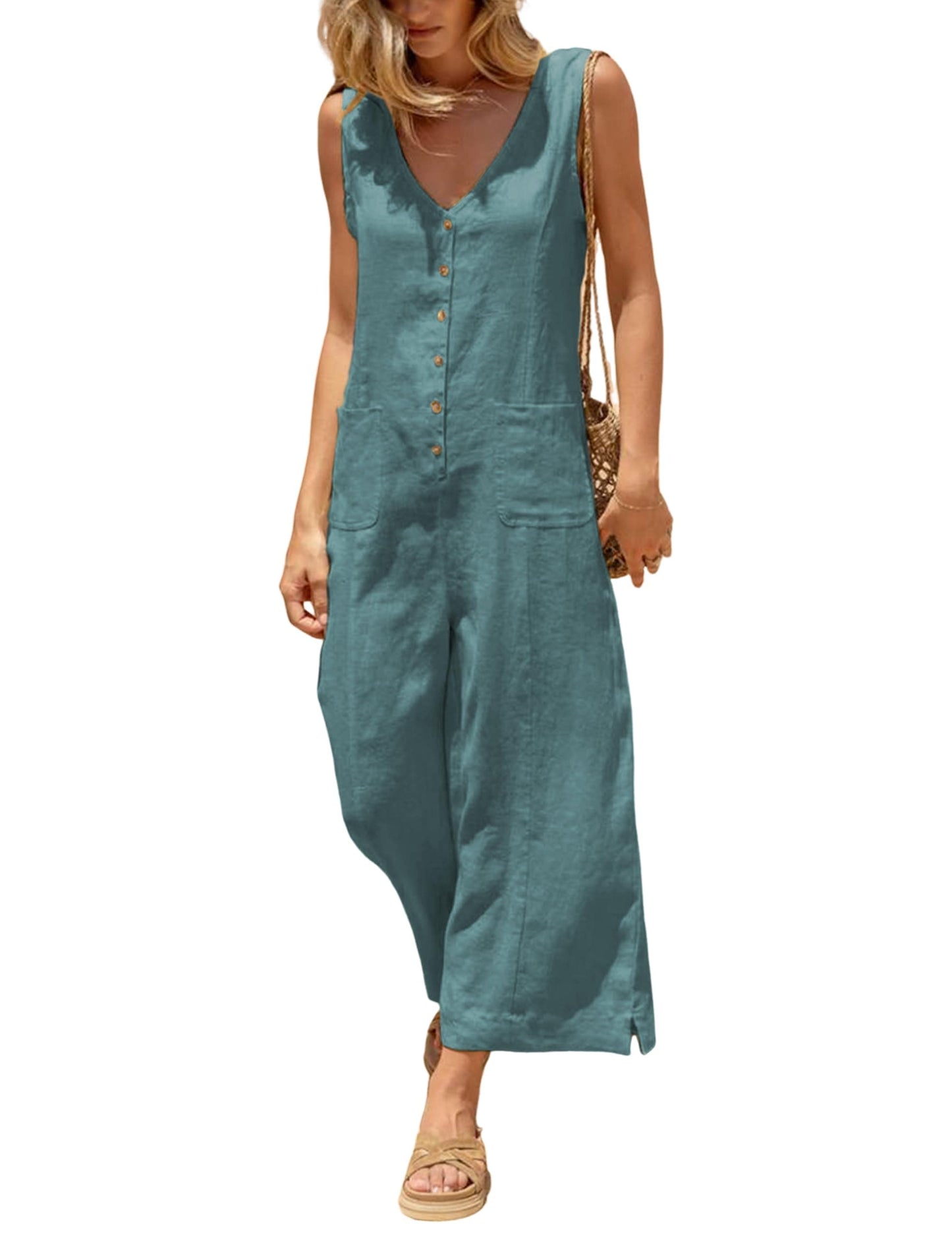 Coastal Breeze Cotton Linen Wide Leg Jumpsuit X-Small / Teal The Nichole Collection