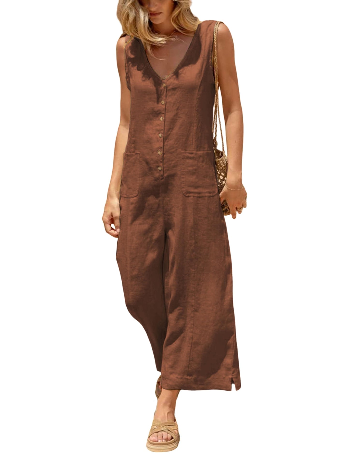 Coastal Breeze Cotton Linen Wide Leg Jumpsuit X-Small / Reddishbrown The Nichole Collection