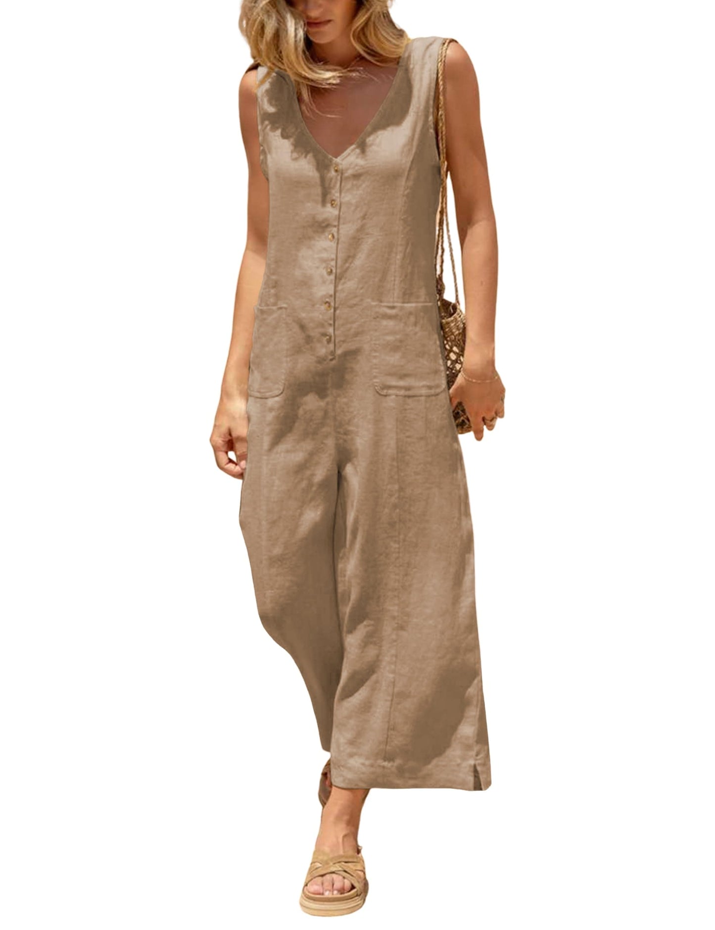 Coastal Breeze Cotton Linen Wide Leg Jumpsuit Large / Khaki The Nichole Collection