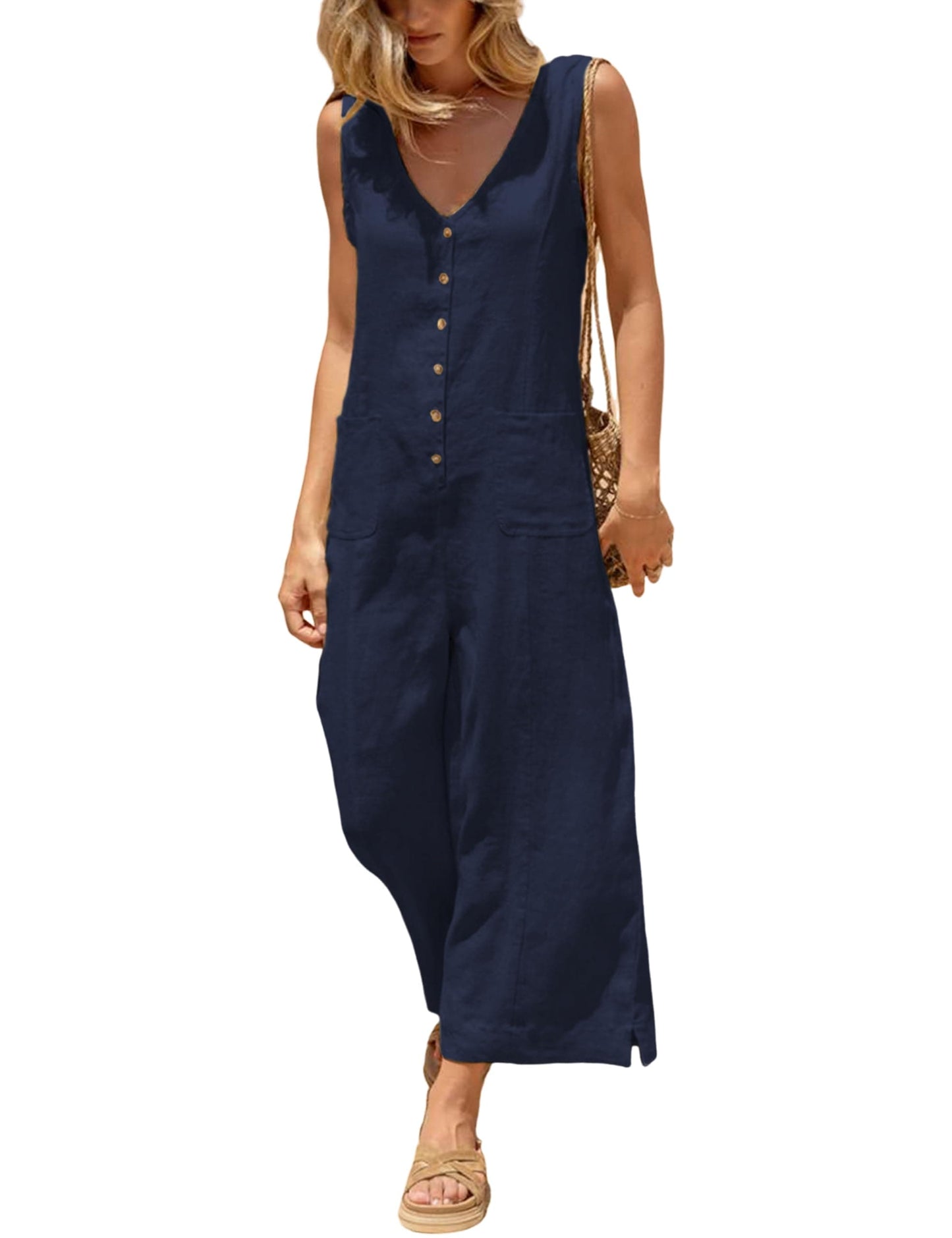 Coastal Breeze Cotton Linen Wide Leg Jumpsuit X-Small / Navy The Nichole Collection