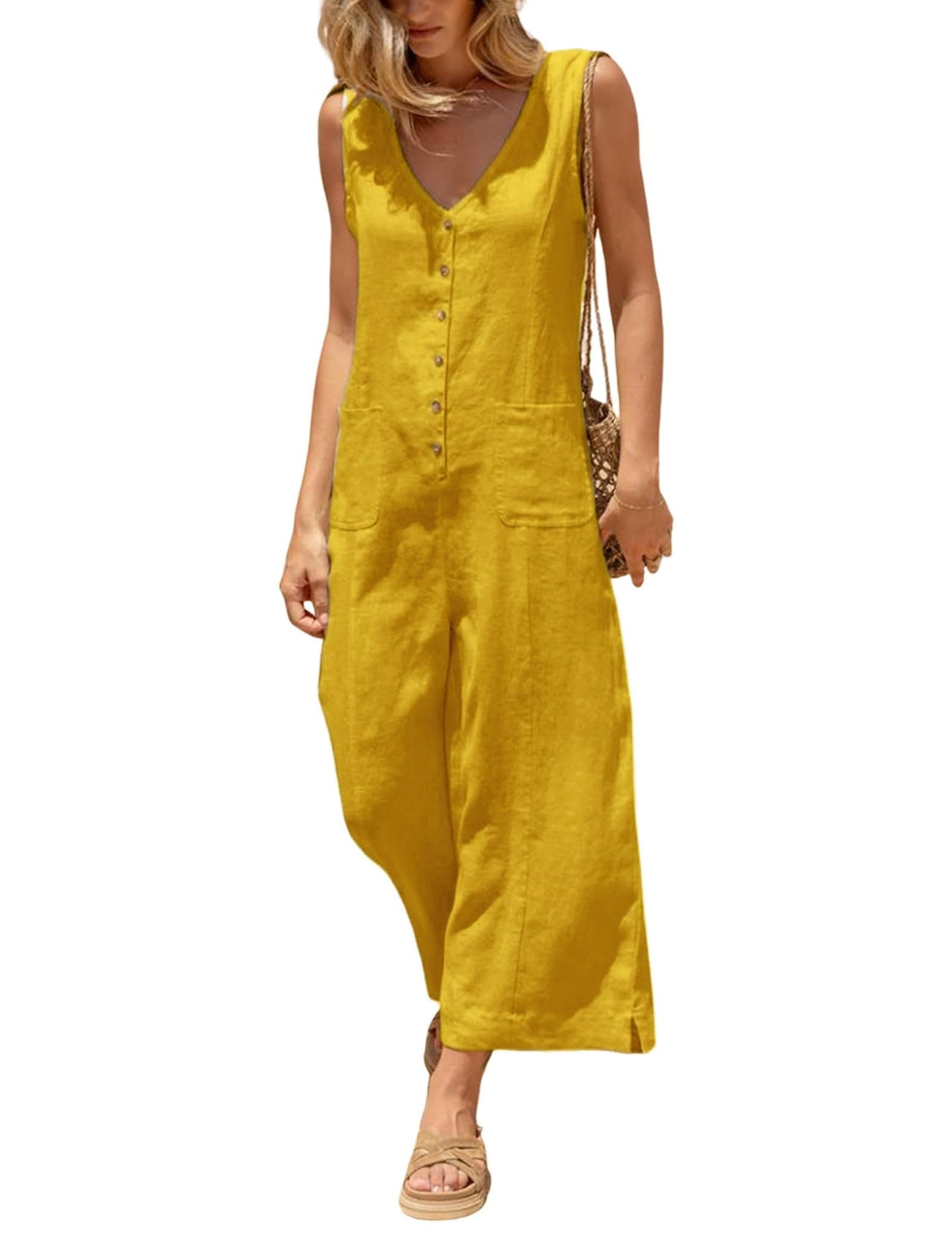Coastal Breeze Cotton Linen Wide Leg Jumpsuit X-Small / Yellow The Nichole Collection