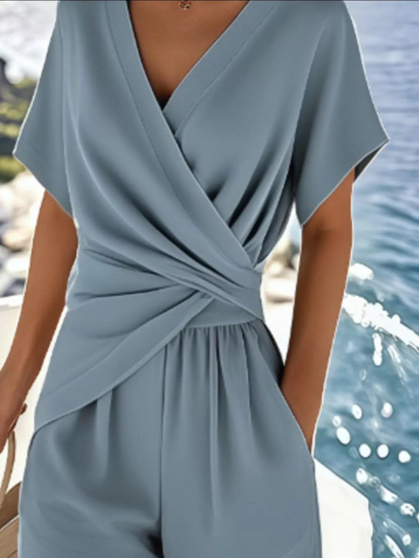 Coastal Wrap-Front Short Sleeve Top & Cropped Pants Set The Nichole Collection