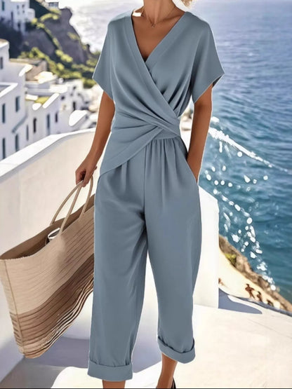 Coastal Wrap-Front Short Sleeve Top & Cropped Pants Set Blue / S The Nichole Collection