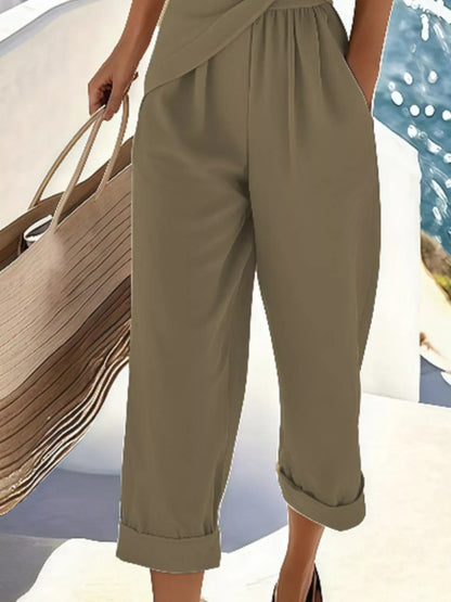 Coastal Wrap-Front Short Sleeve Top & Cropped Pants Set The Nichole Collection