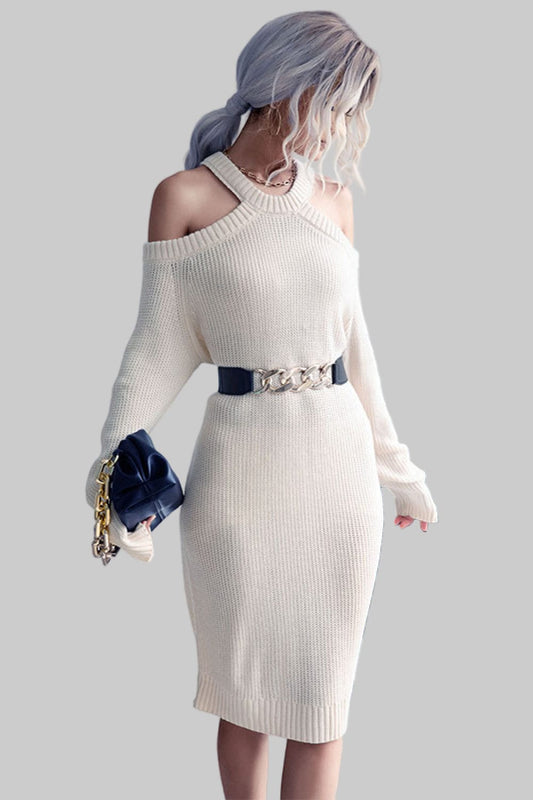 Cold Shoulder Rib-Knit Sweater Dress (Belt Not Included) Dresses Cream / S The Nichole Collection