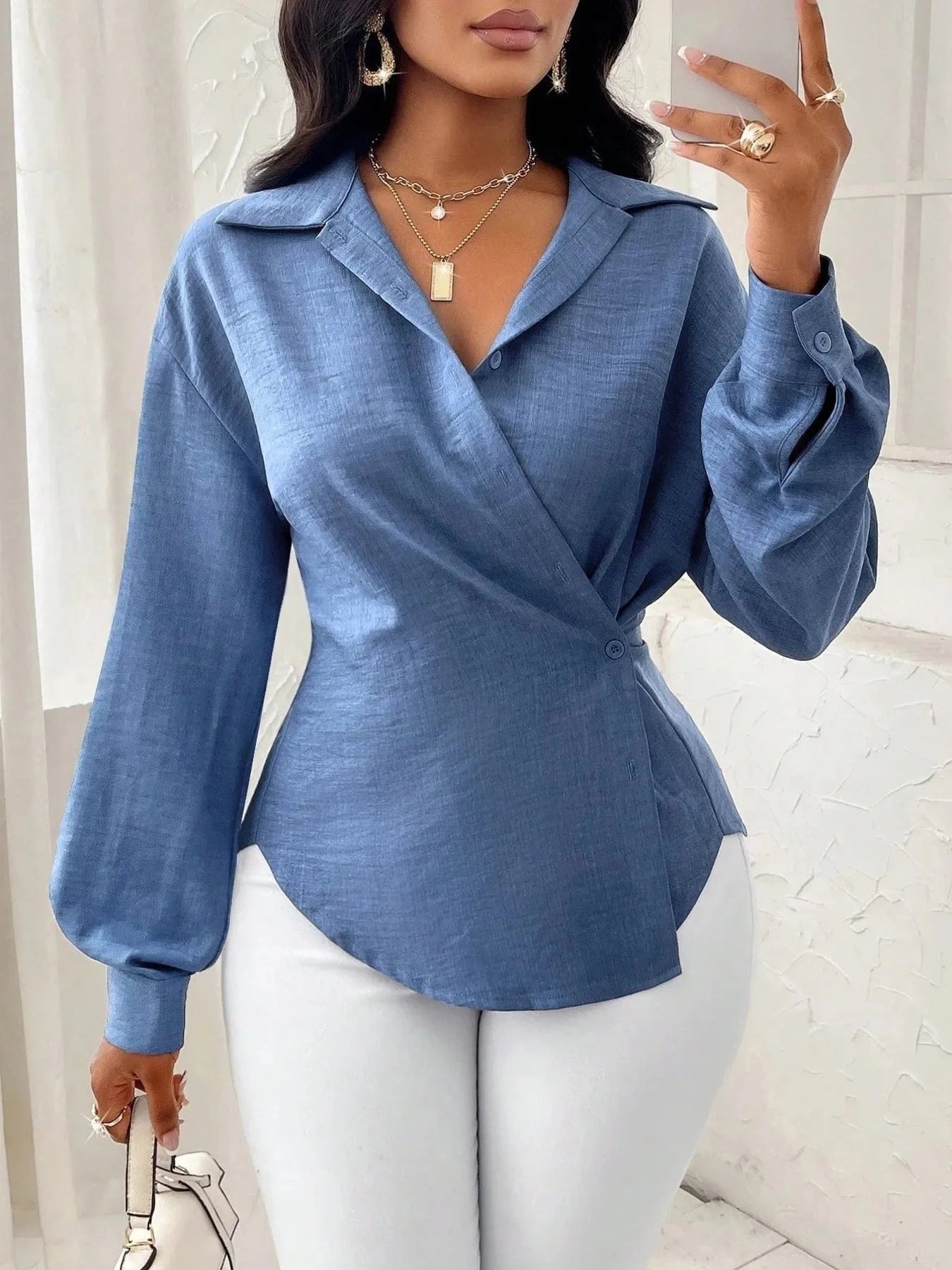 Collared Long Sleeve Blouse Shirts & Tops The Nichole Collection