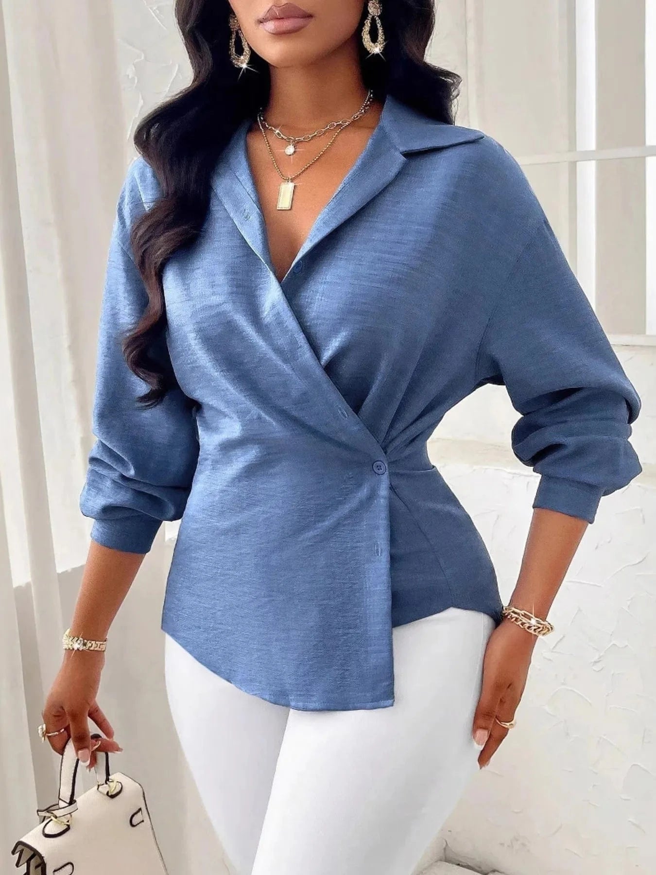 Collared Long Sleeve Blouse Shirts & Tops Dusty Blue / S The Nichole Collection