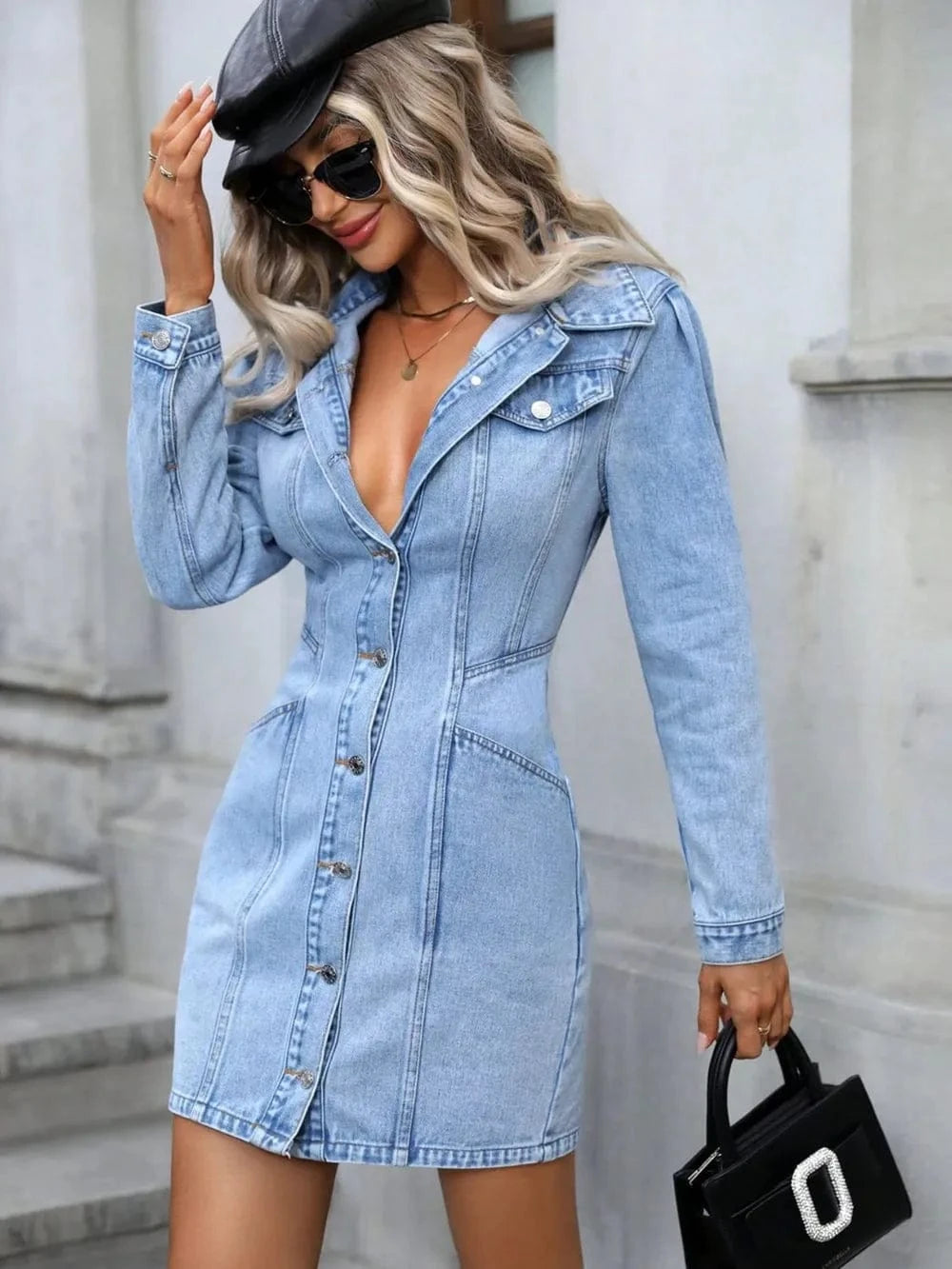 Collared Neck Button Up Denim Dress Dresses The Nichole Collection