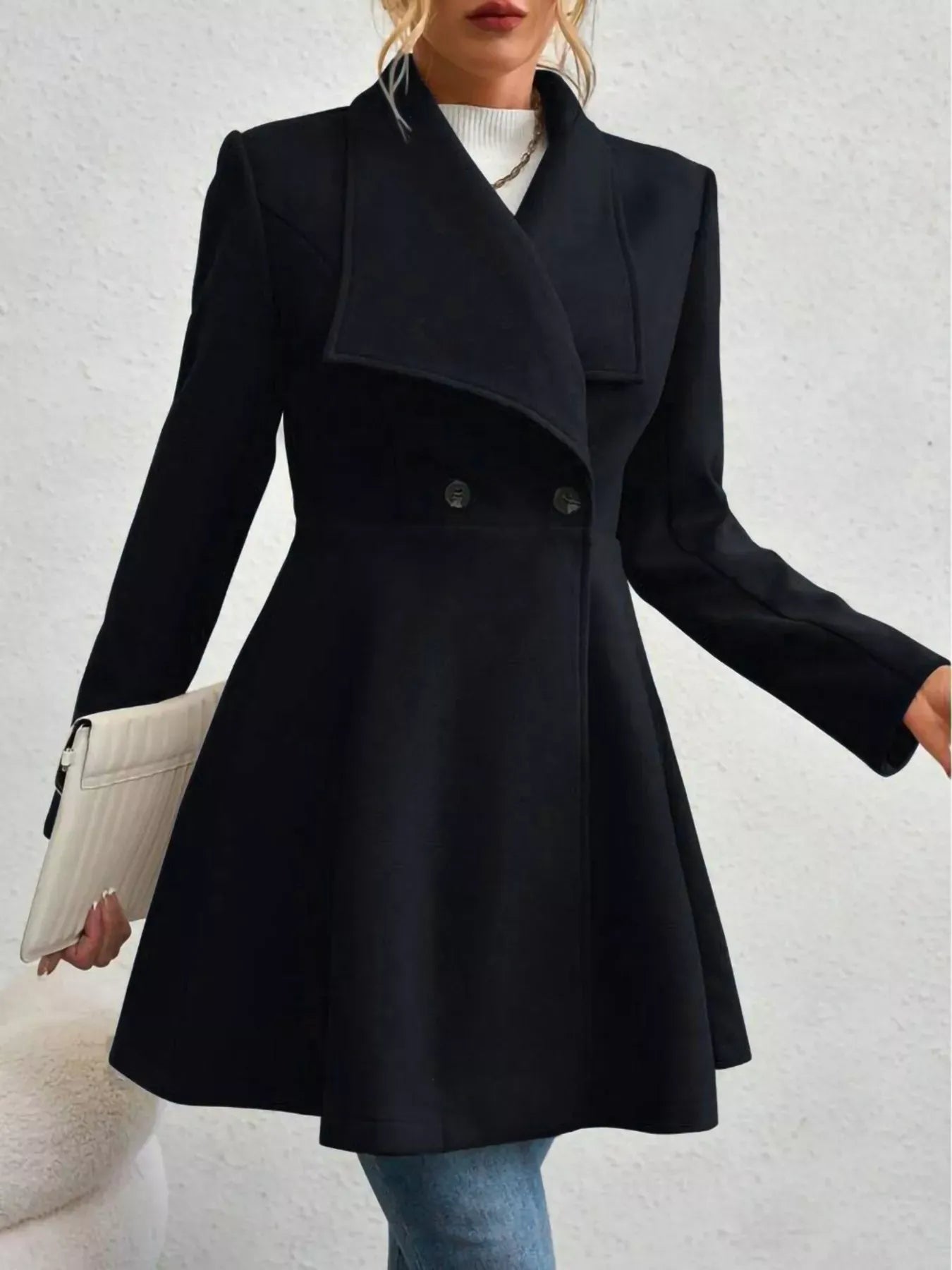 Collared Neck Double Breasted Coat Black / S The Nichole Collection