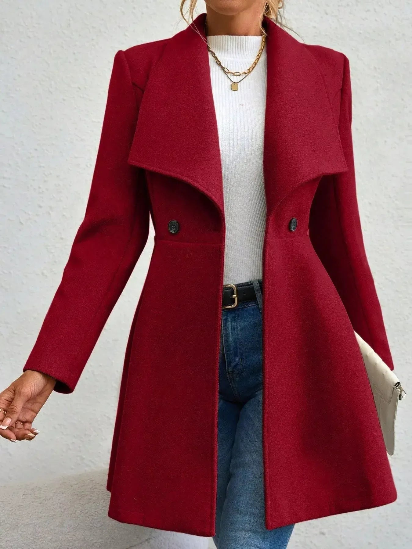Collared Neck Double Breasted Coat Red / S The Nichole Collection