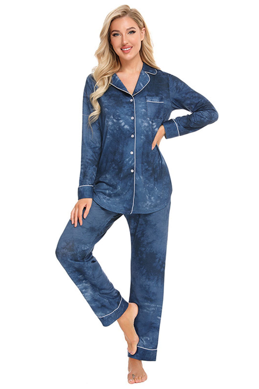 Collared Neck Long Sleeve Loungewear Set with Pockets The Nichole Collection
