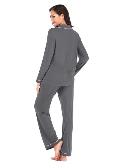 Collared Neck Long Sleeve Loungewear Set with Pockets The Nichole Collection