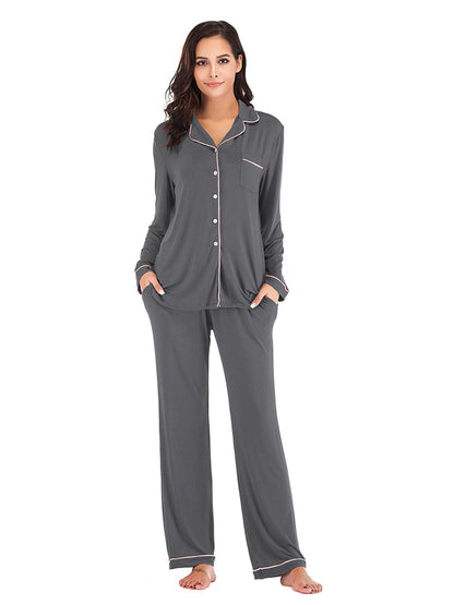 Collared Neck Long Sleeve Loungewear Set with Pockets The Nichole Collection