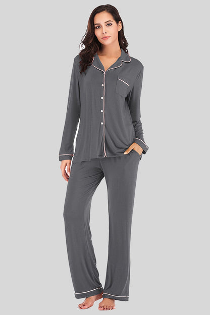 Collared Neck Long Sleeve Loungewear Set with Pockets Charcoal / S The Nichole Collection