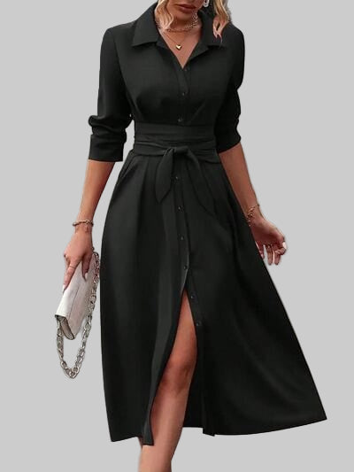 Collared Neck Long Sleeve Midi Shirt Dress Dresses Black / S The Nichole Collection