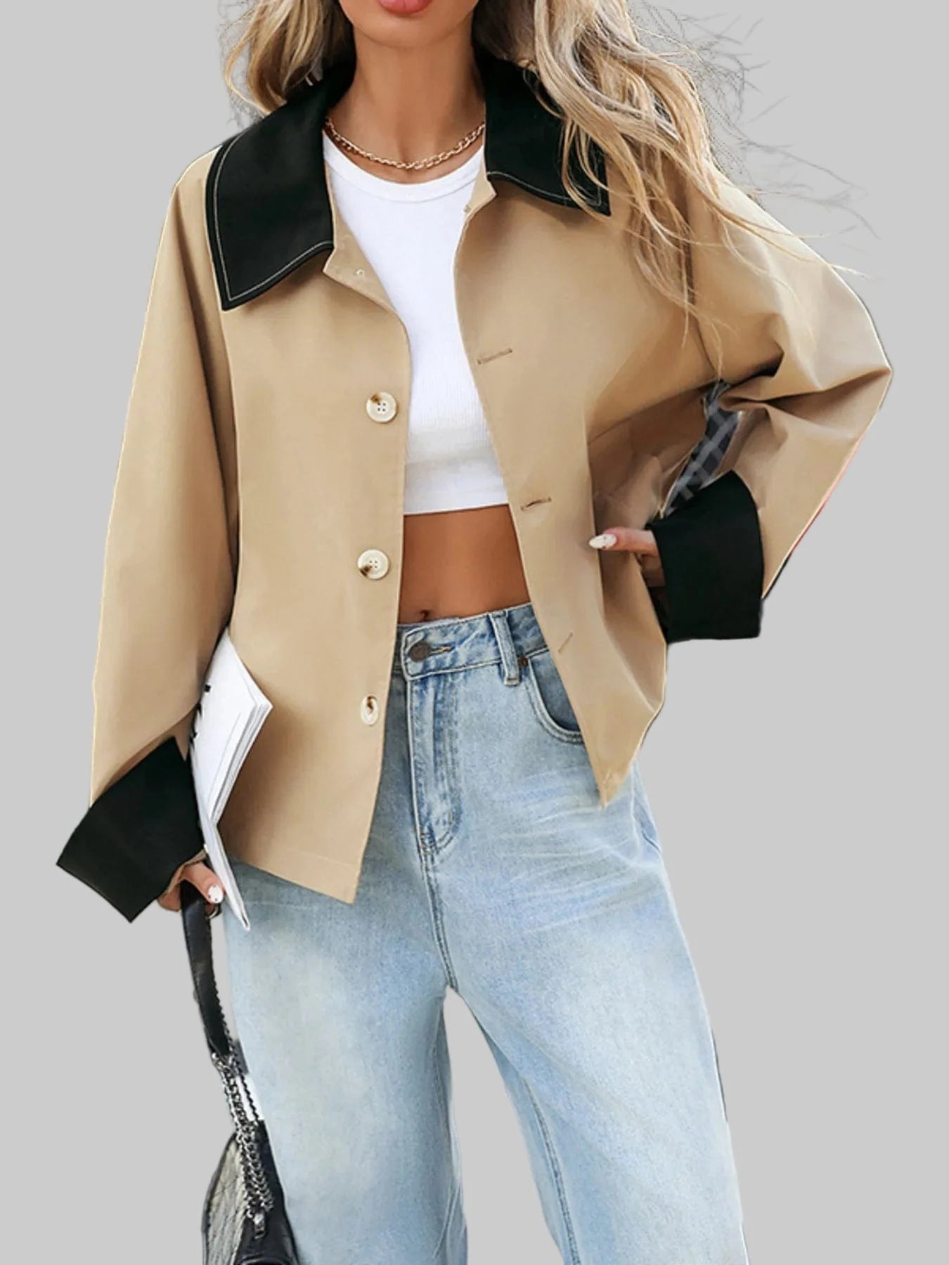 Color Block Button-Up Casual Jacket Jackets Khaki / S The Nichole Collection