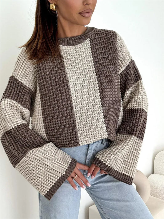Color Block Long Sleeve Sweater - Apricot / S