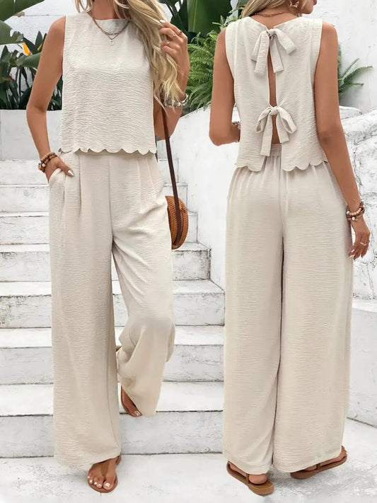 Comfort Meets Elegance: Tie Back Round Neck Top & Pants Set Cream / S The Nichole Collection