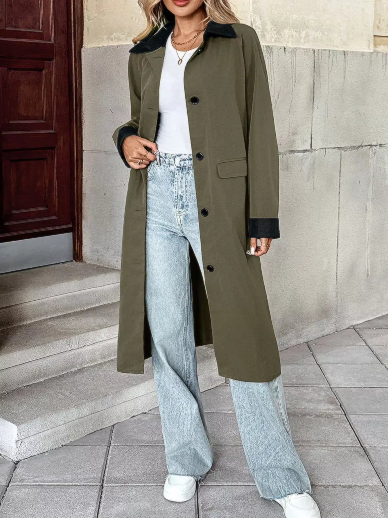 Contrast Collar Button Up Coat The Nichole Collection