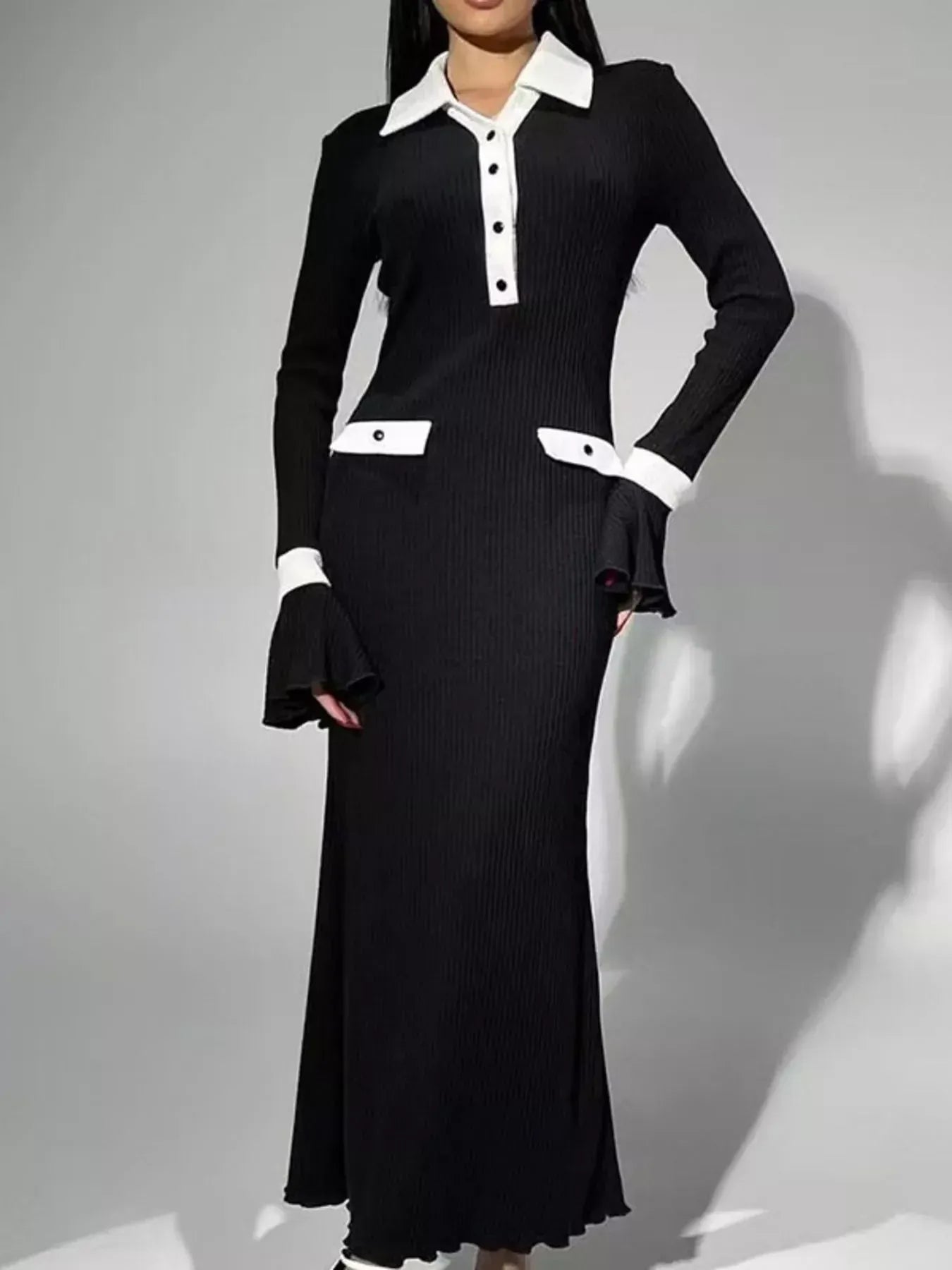 Contrast Collar Long Sleeve Maxi Sweater Dress The Nichole Collection