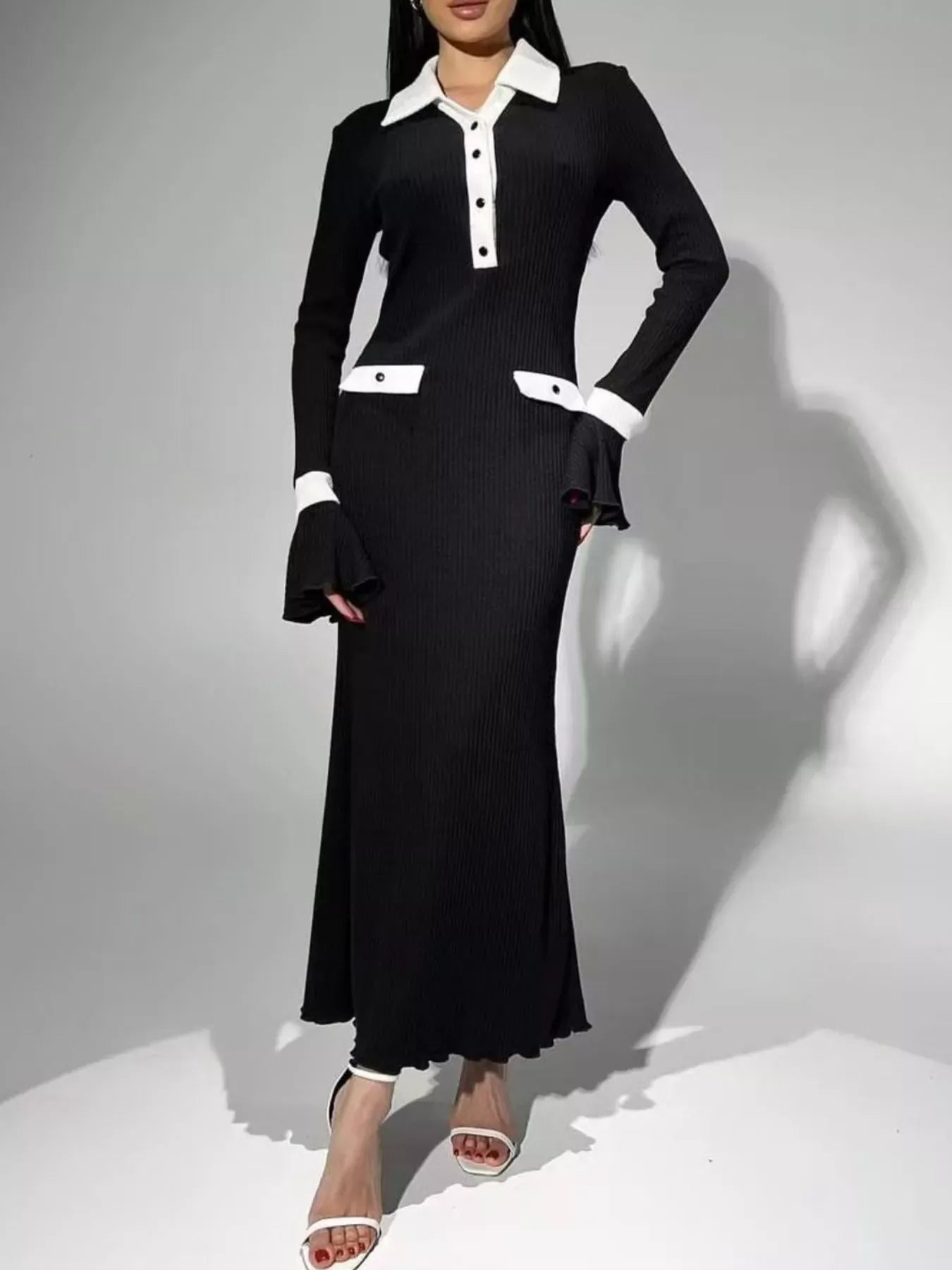 Contrast Collar Long Sleeve Maxi Sweater Dress Black / S The Nichole Collection