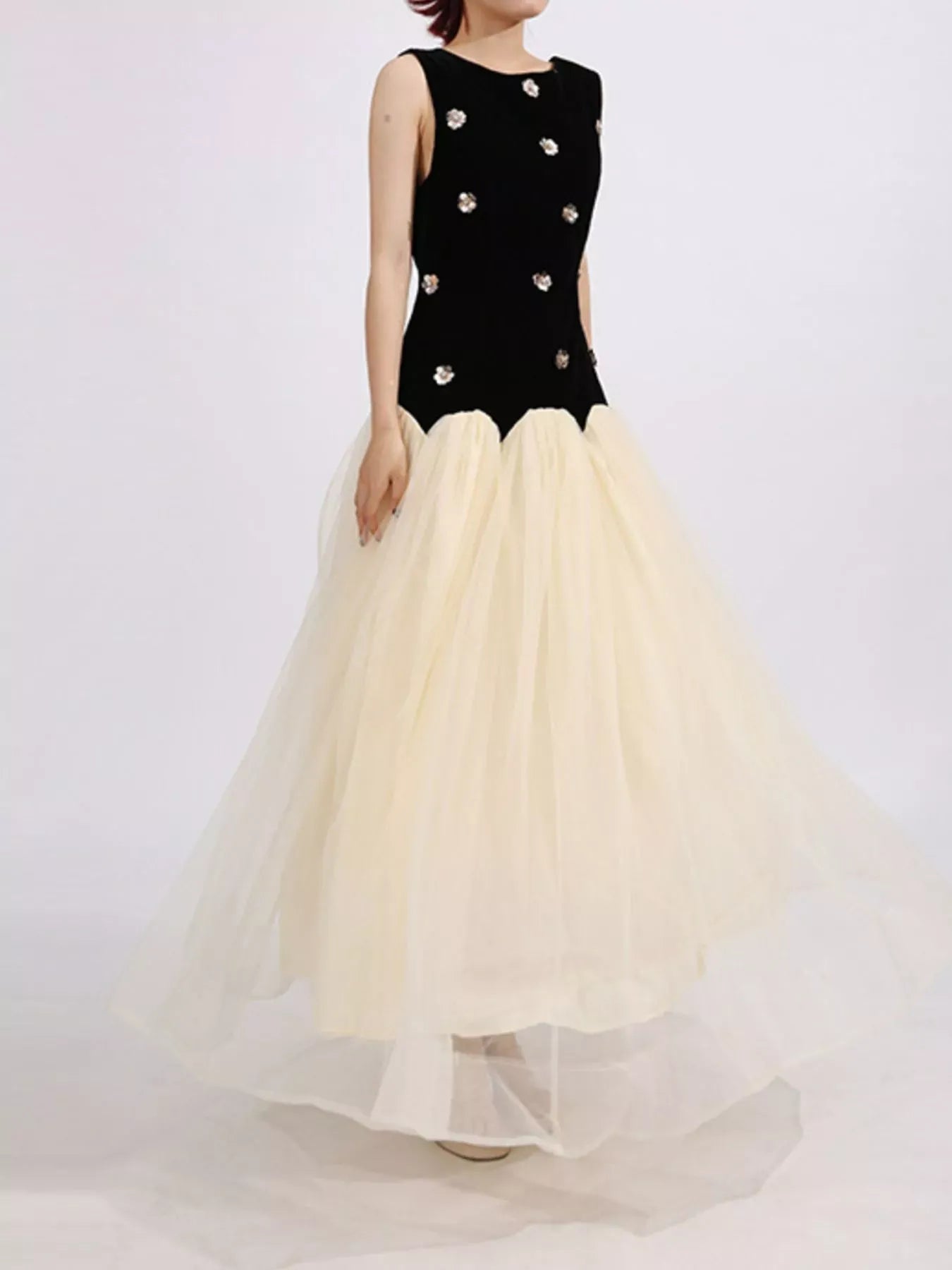 Contrast Flower Sleeveless Tulle Maxi Dress The Nichole Collection