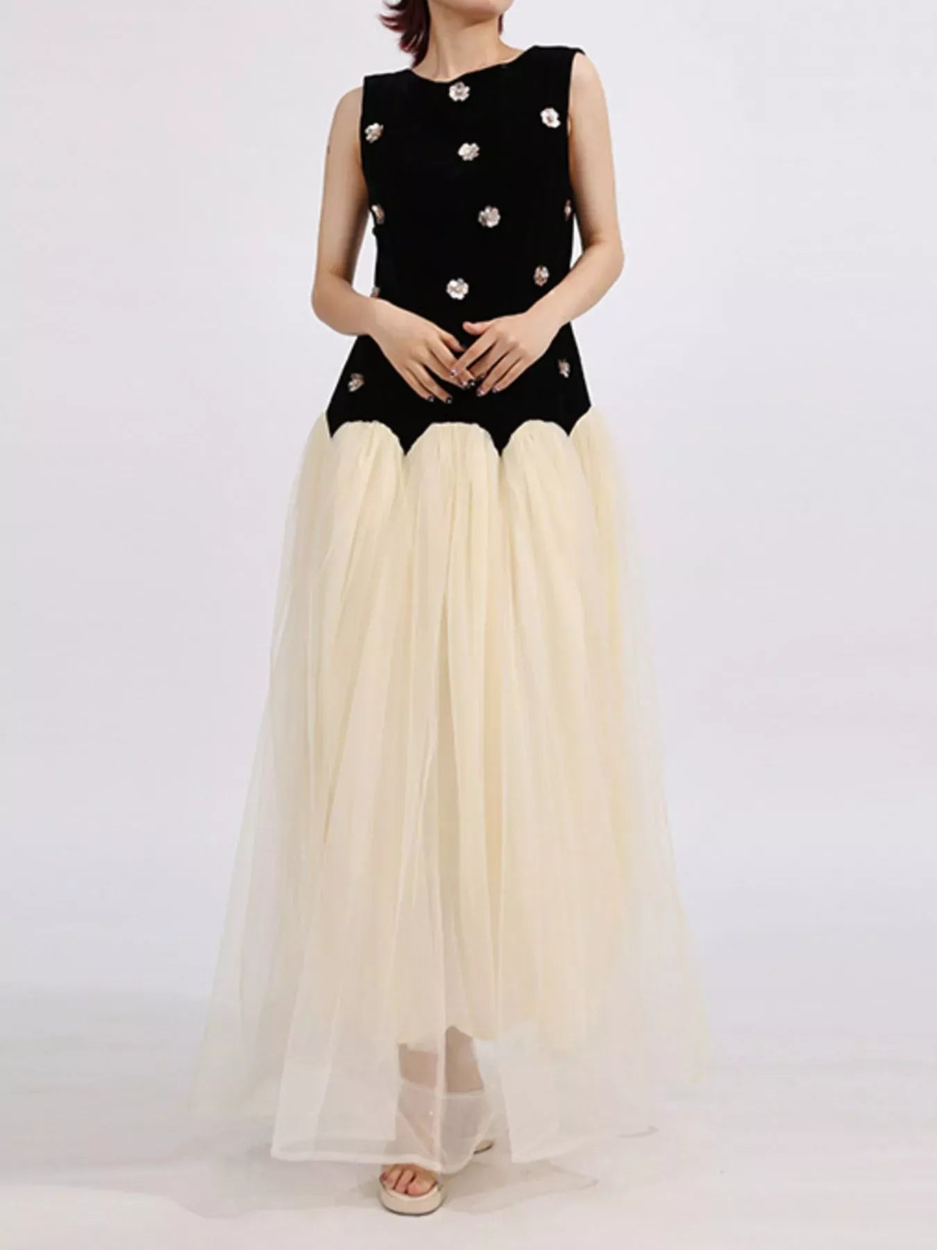 Contrast Flower Sleeveless Tulle Maxi Dress The Nichole Collection