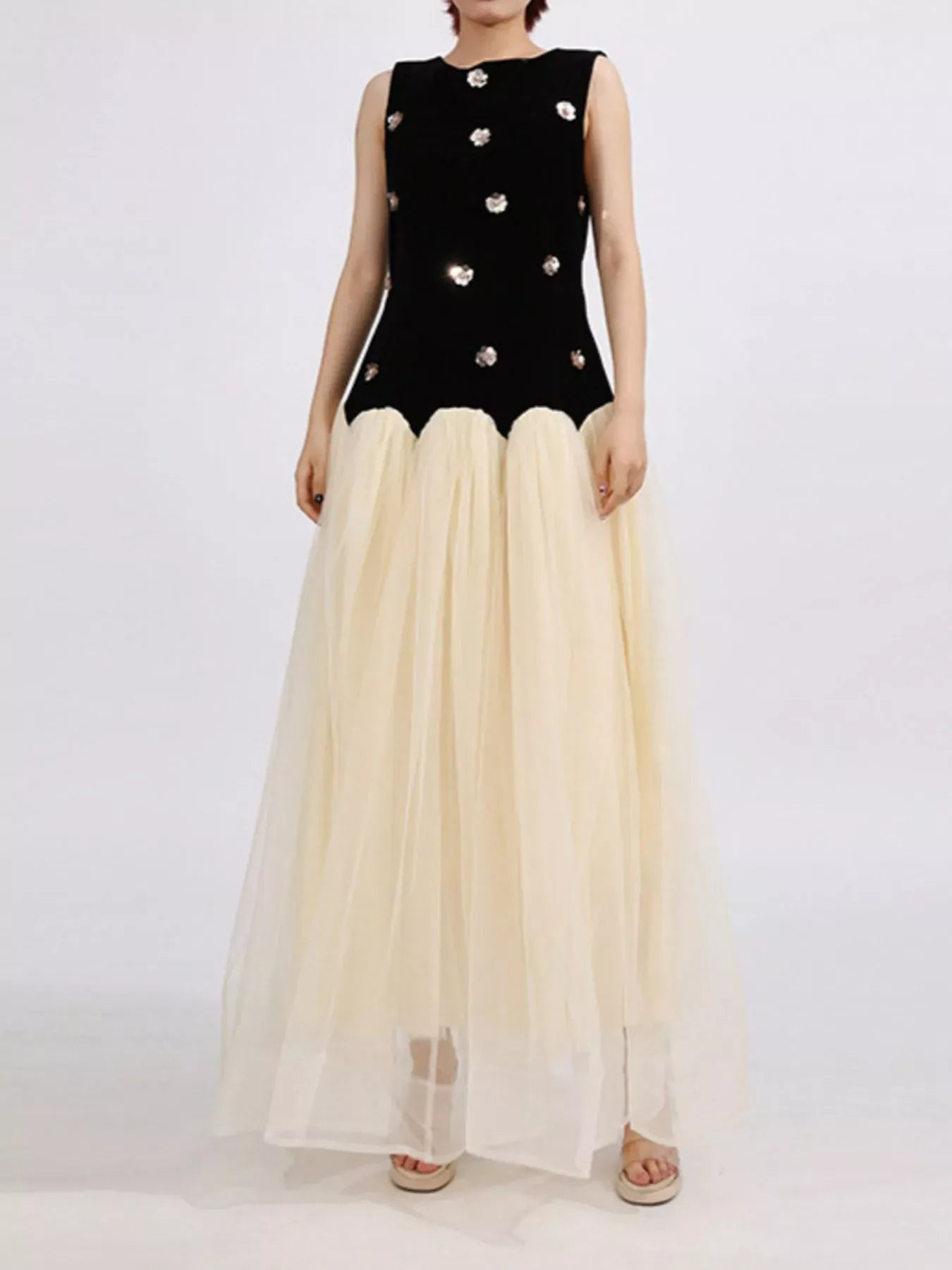 Contrast Flower Sleeveless Tulle Maxi Dress The Nichole Collection