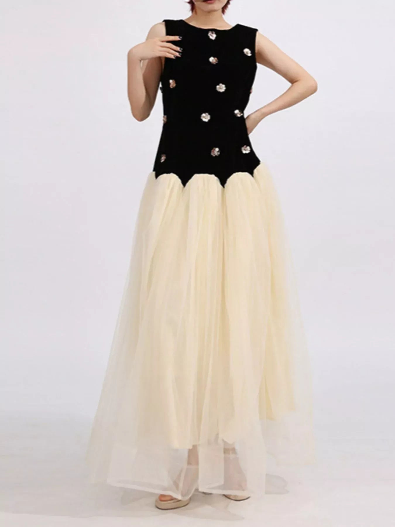 Contrast Flower Sleeveless Tulle Maxi Dress The Nichole Collection