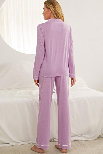 Contrast Piping Button Down Top and Pants Loungewear Set The Nichole Collection