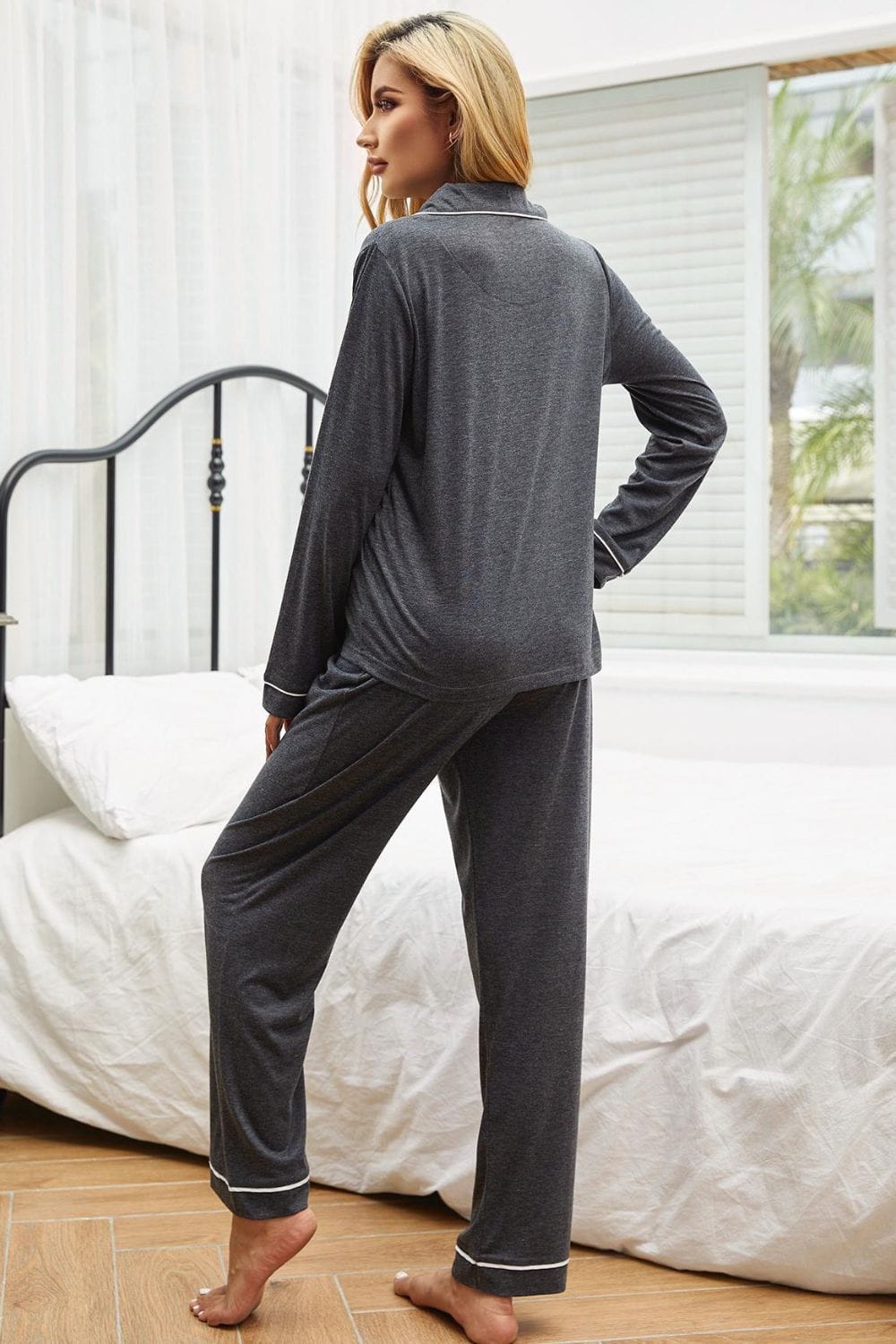 Contrast Piping Button Down Top and Pants Loungewear Set The Nichole Collection