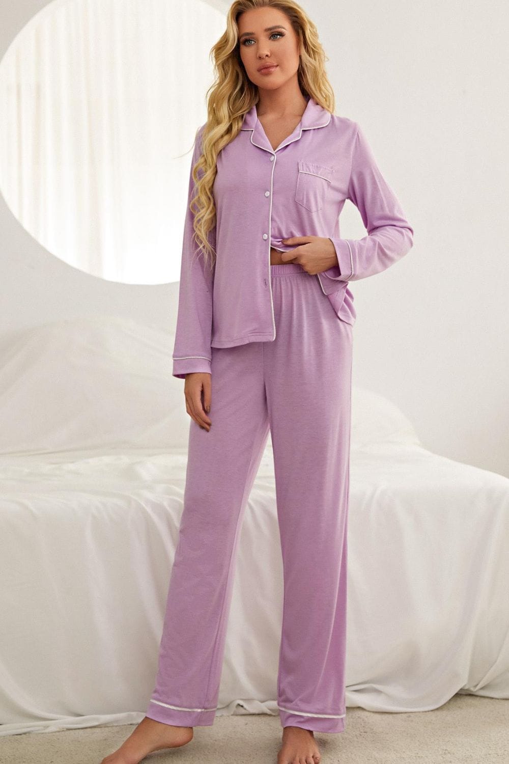 Contrast Piping Button Down Top and Pants Loungewear Set Purple / S The Nichole Collection