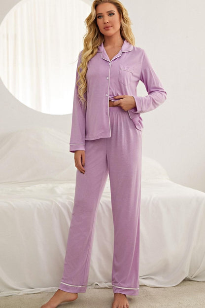 Contrast Piping Button Down Top and Pants Loungewear Set Purple / S The Nichole Collection