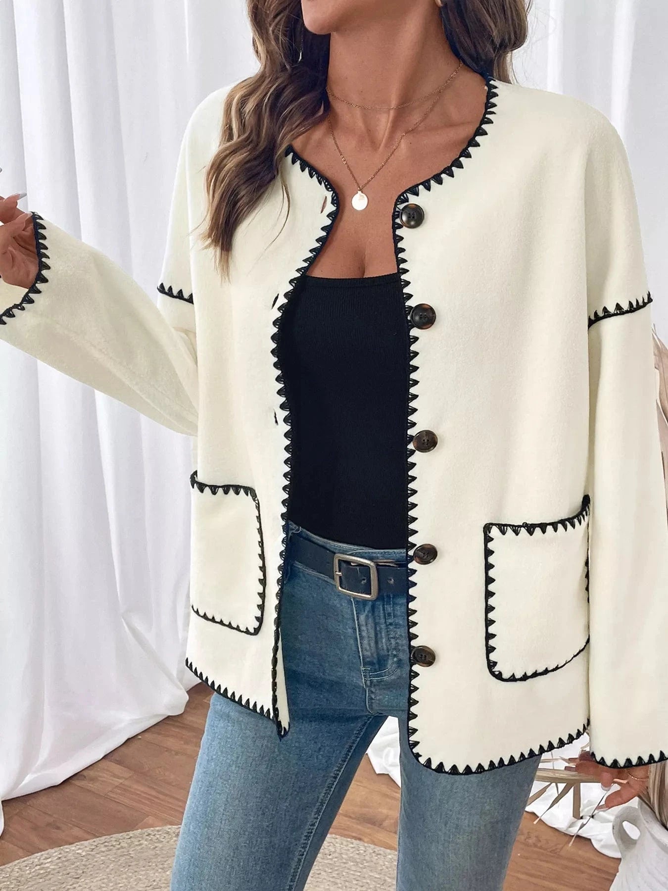 Contrast Trim Button Up Jacket The Nichole Collection