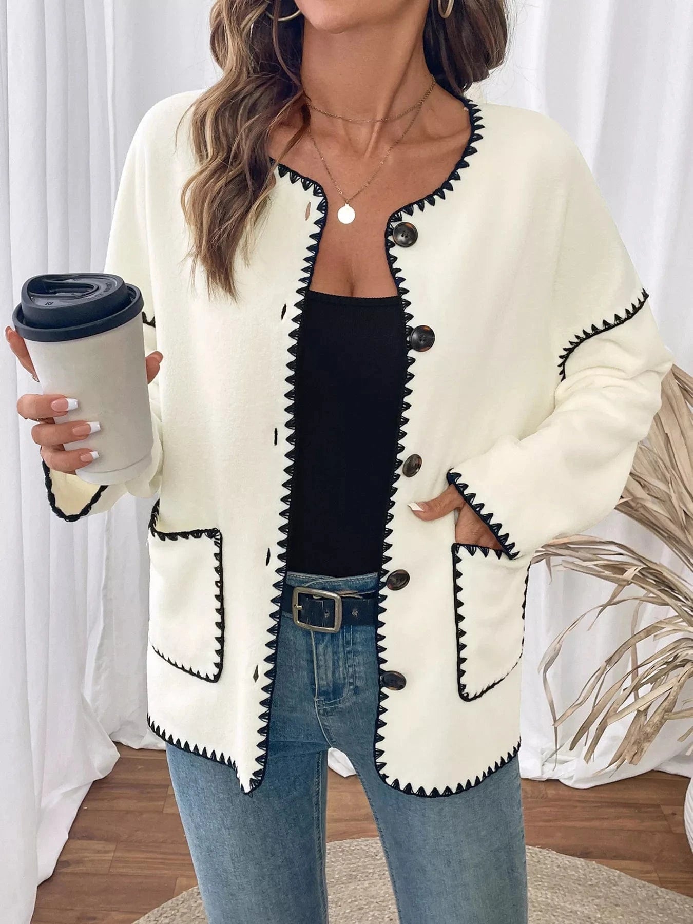 Contrast Trim Button Up Jacket The Nichole Collection