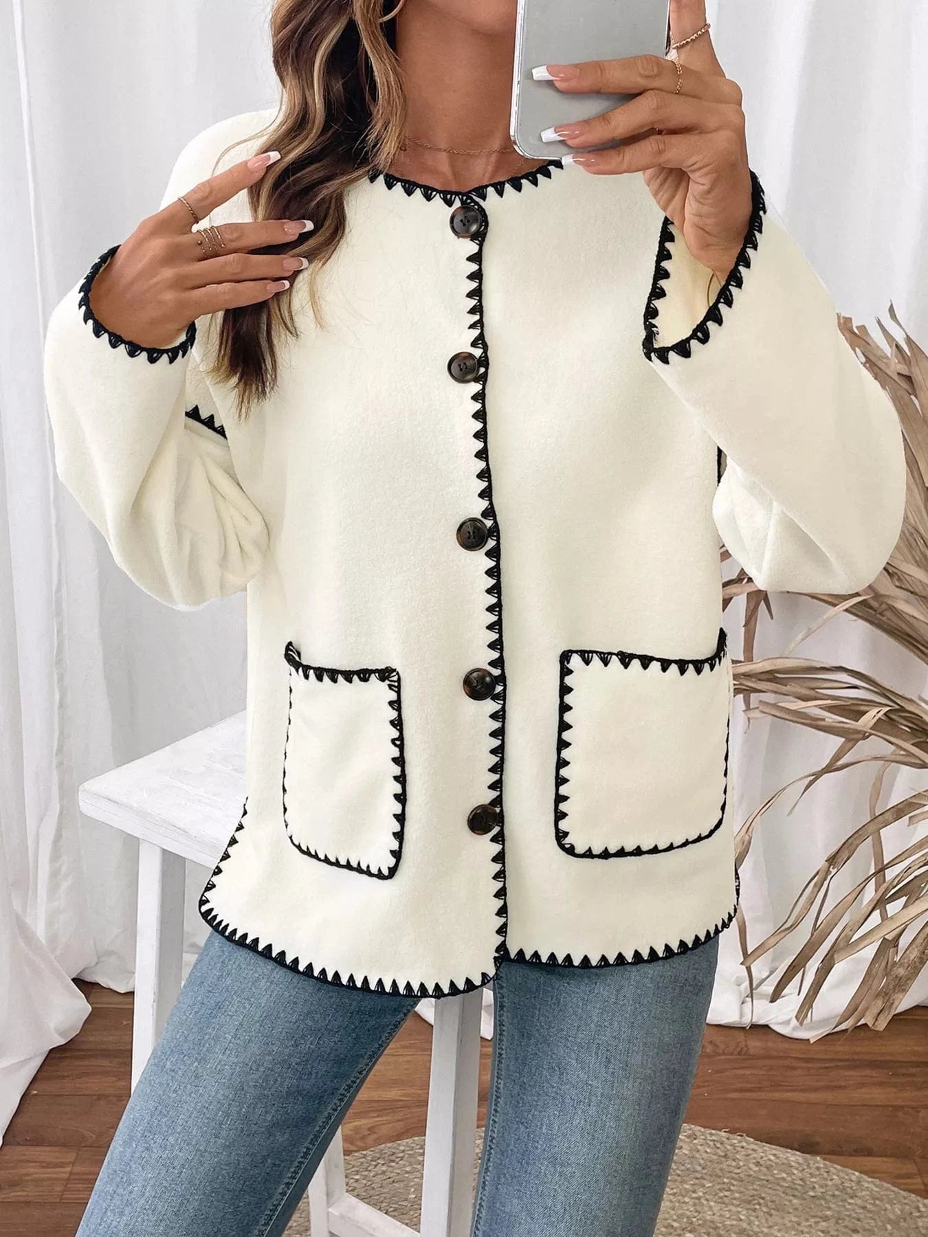 Contrast Trim Button Up Jacket The Nichole Collection